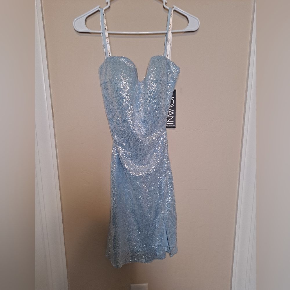 Jovani 07666 Sequin Spaghetti Strap Short Dress Light Blue. Tie up back.